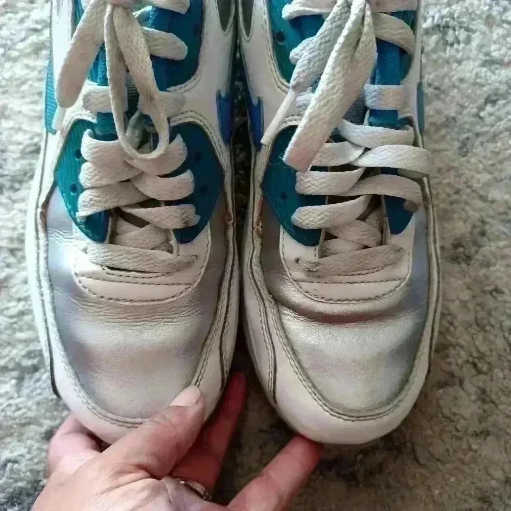 Nike Youth Air Max 90 Leather GS 'Silver Blue Lagoon' Shoe 6Y 7.5 Women